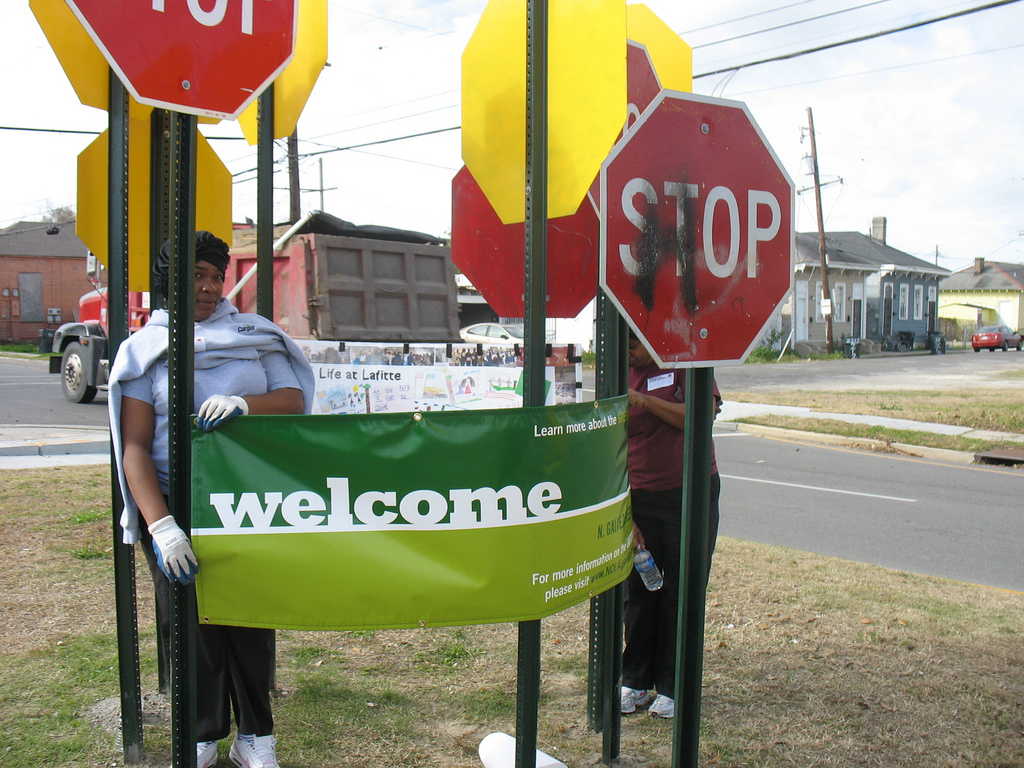 Lafitte Greenway volunteers raise welcome sign
