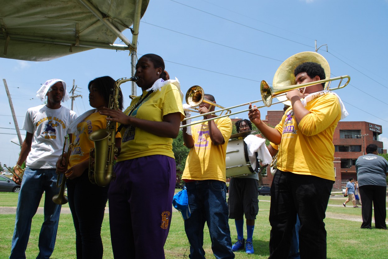 Warren Easton High School bandmates played at a lunch stop on the Bayou St. John while hikers munched on free po-boys courtesy of Parkway.